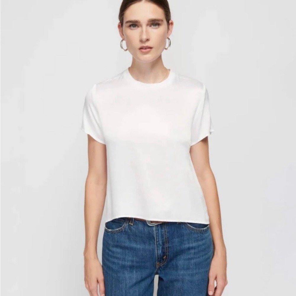 Nation LTD Marie Top White Satin Short Sleeve Crew Neck Top Shirt XS